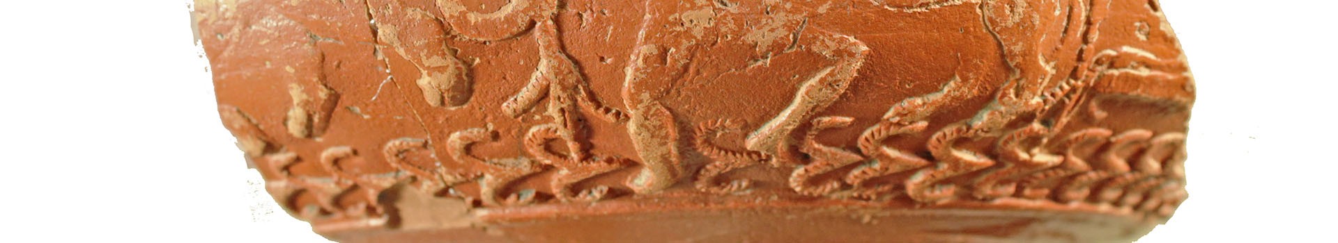 A detail of an orange-coloured Roman ceramic showing patterns and figures.