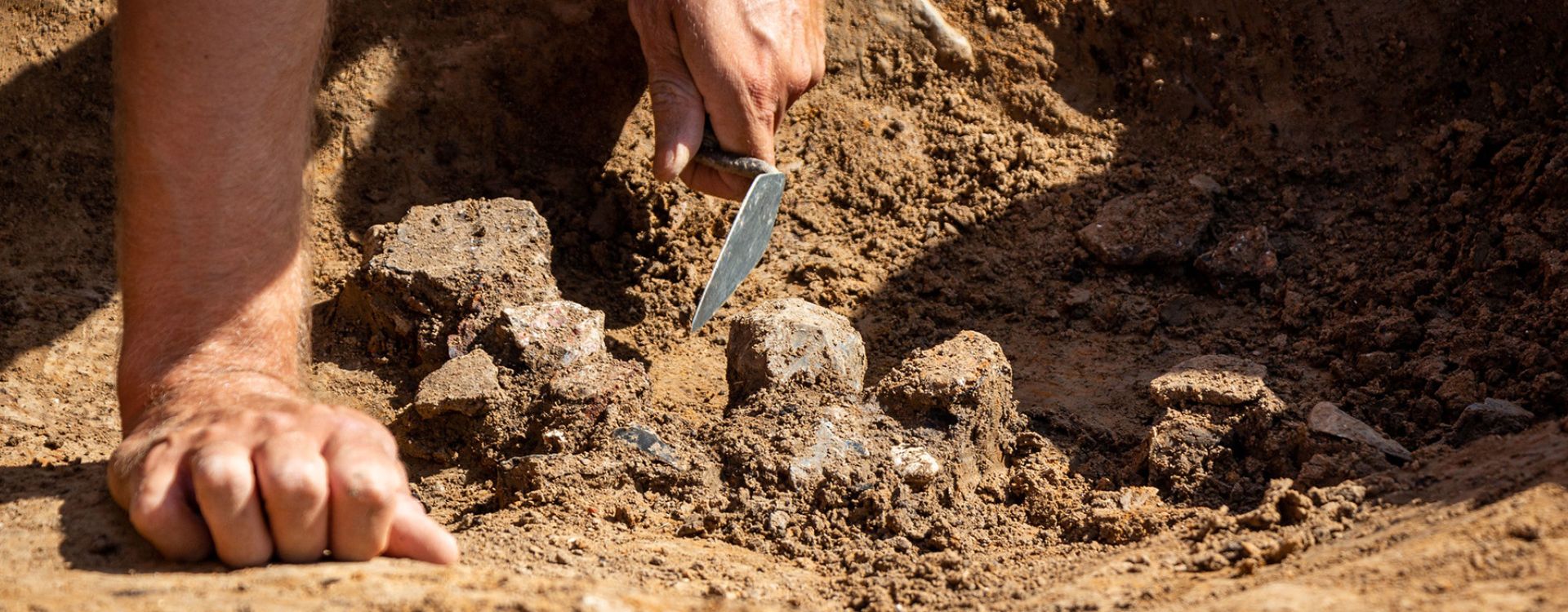 A hand holds a trowel whilst excavating an archaeological feature.