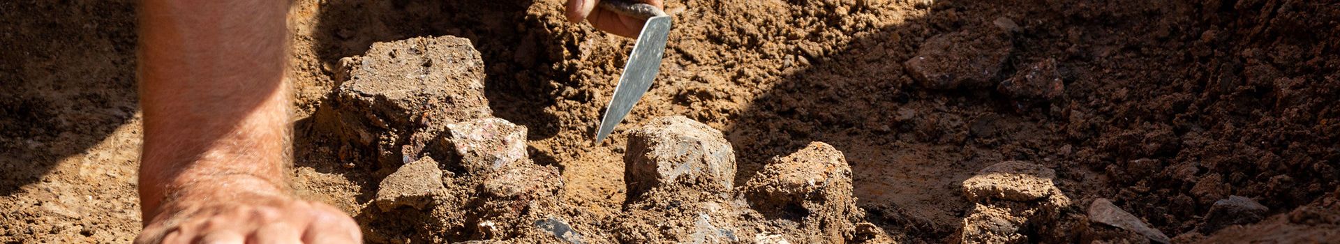 A hand holds a trowel whilst excavating an archaeological feature.