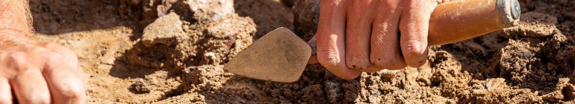 A trowel is used to excavate an archaeological feature.