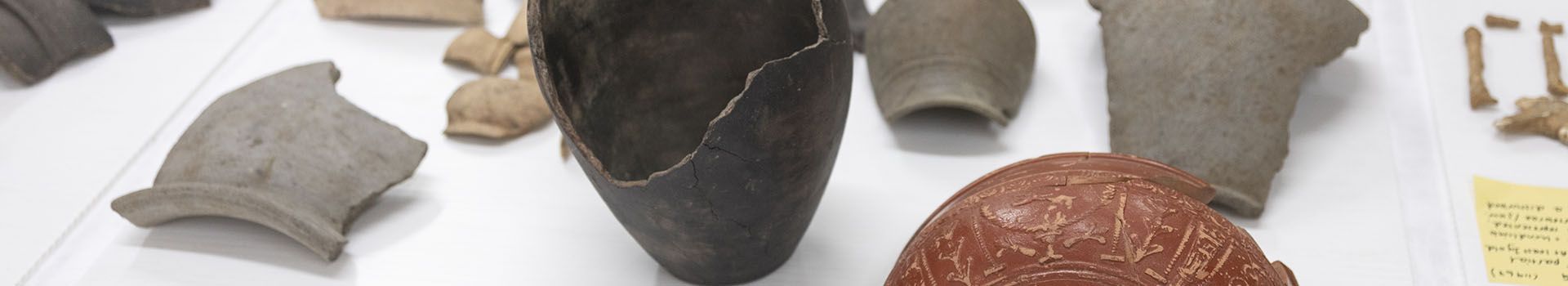 Fragments of grey and orange pottery lie on a white table.