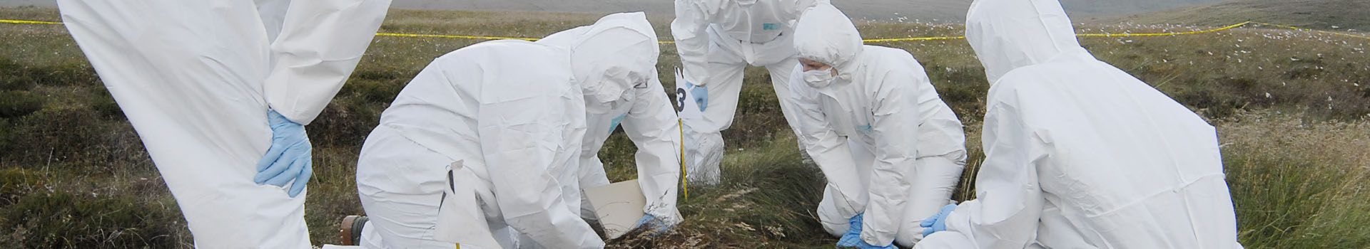 Forensic archaeologists in white protective suits kneel in a moorland landscape.