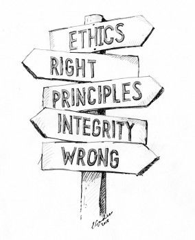 A sketch of a signpost displaying terms including 'ethics', 'principles' and 'integrity'.