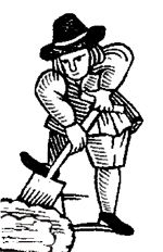 A black and white woodcut of an 18th century man in a tall hat digging with a spade.