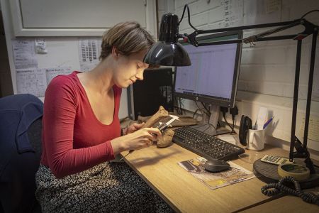 An archaeologist sits at a desk to analyse a selection of bones.