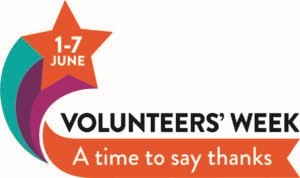 Logo, orange star and orange banner, reads 1-7 June, Volunteers' Week, A time to say thanks.